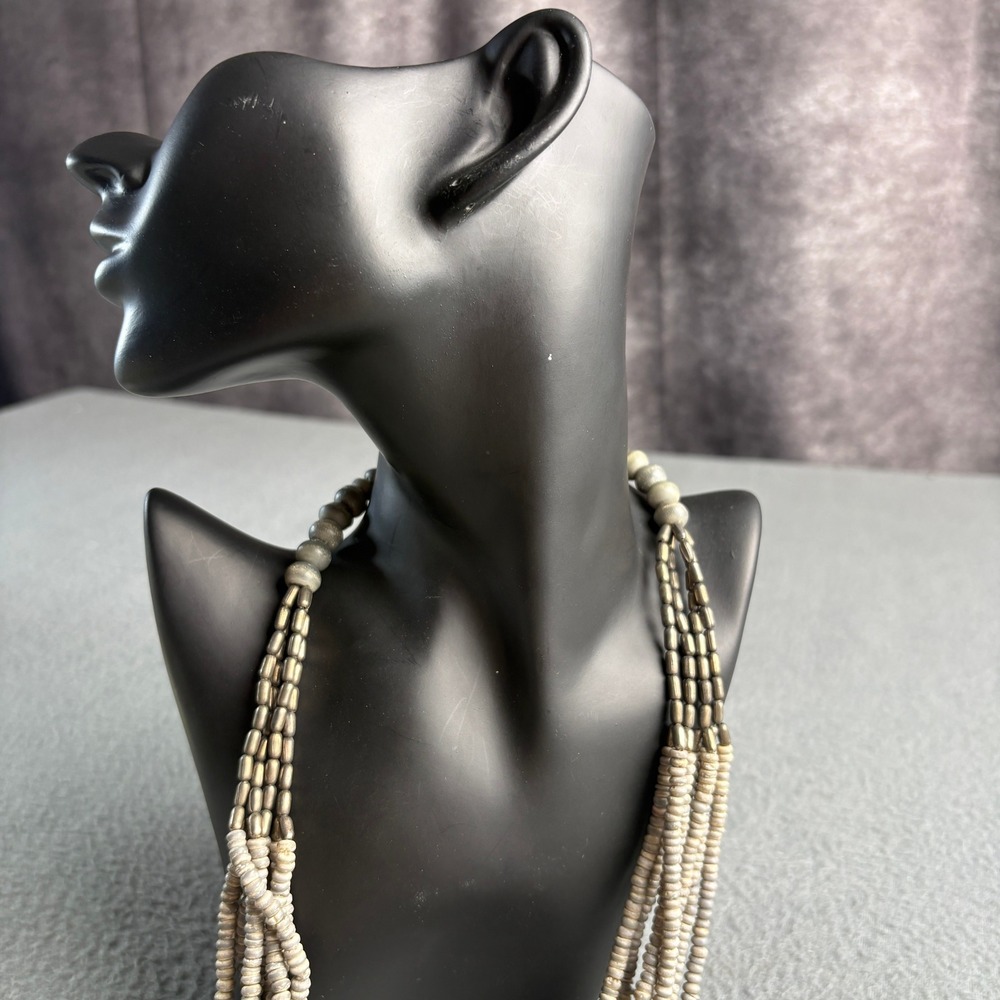 Multi Strand Beaded Necklace Grey Neutral Boho Layered Statement Hook Closure - Picture 2 of 6
